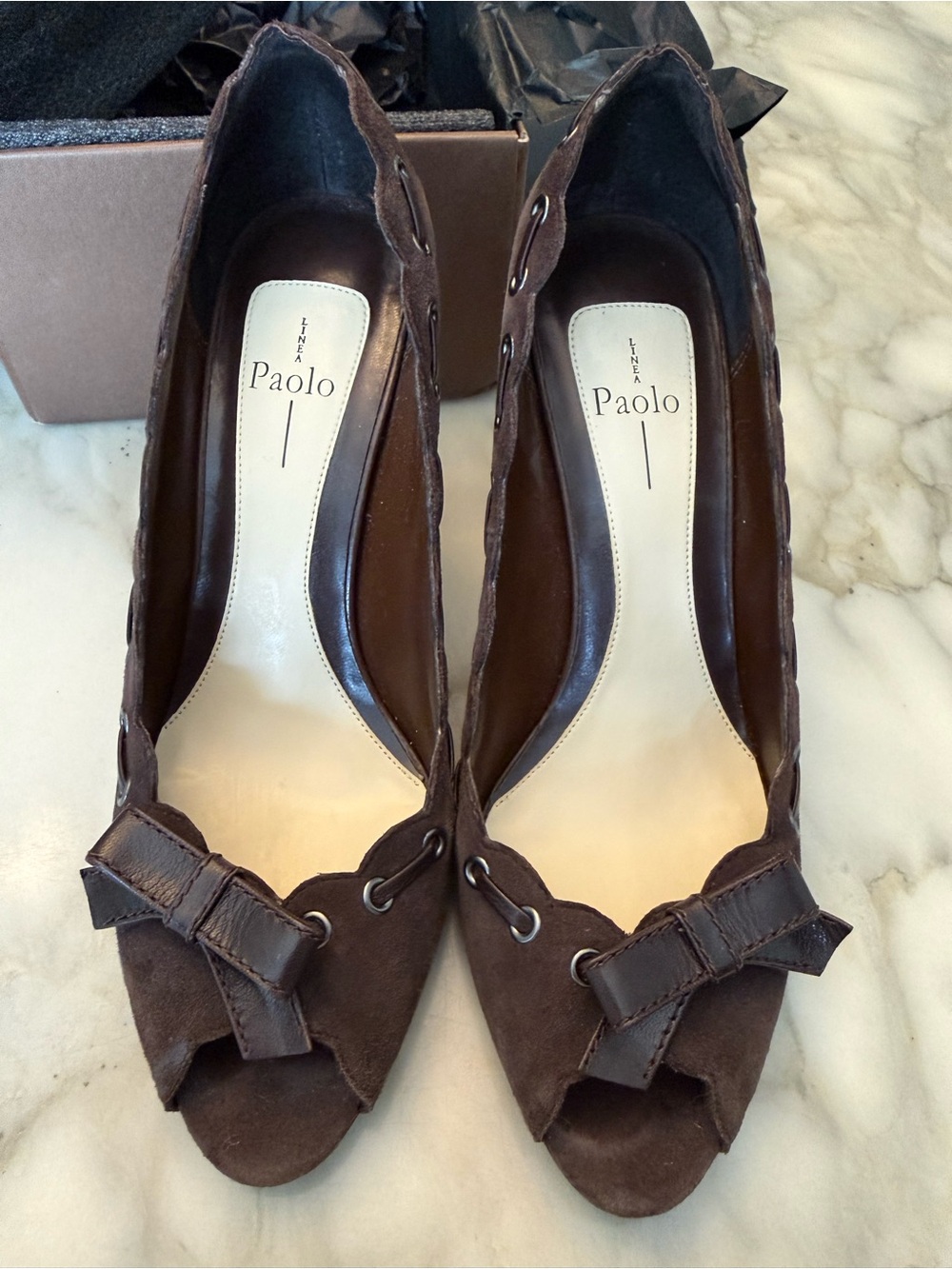 Paolo Dark Brown Suede Peep-Toe Heels with Bow Accent